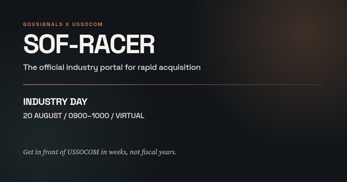 SOF RACER official portal announcement from GovSignals and USSOCOM
