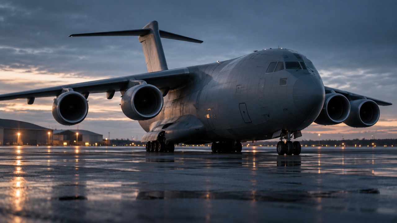 Illustrative transport aircraft on a runway at blue hour