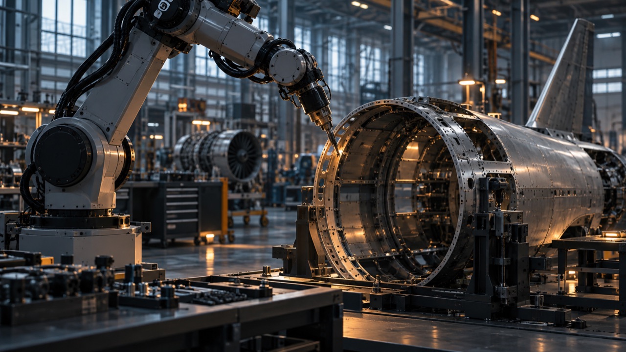 Illustrative robotic arm in an aerospace manufacturing workshop