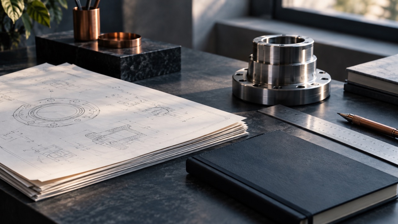 Illustrative engineering documents and a machined component on a desk