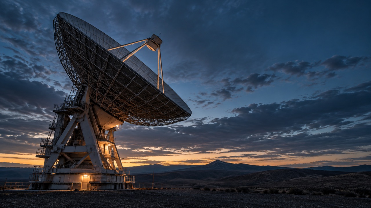 Illustrative satellite communications dish at dusk