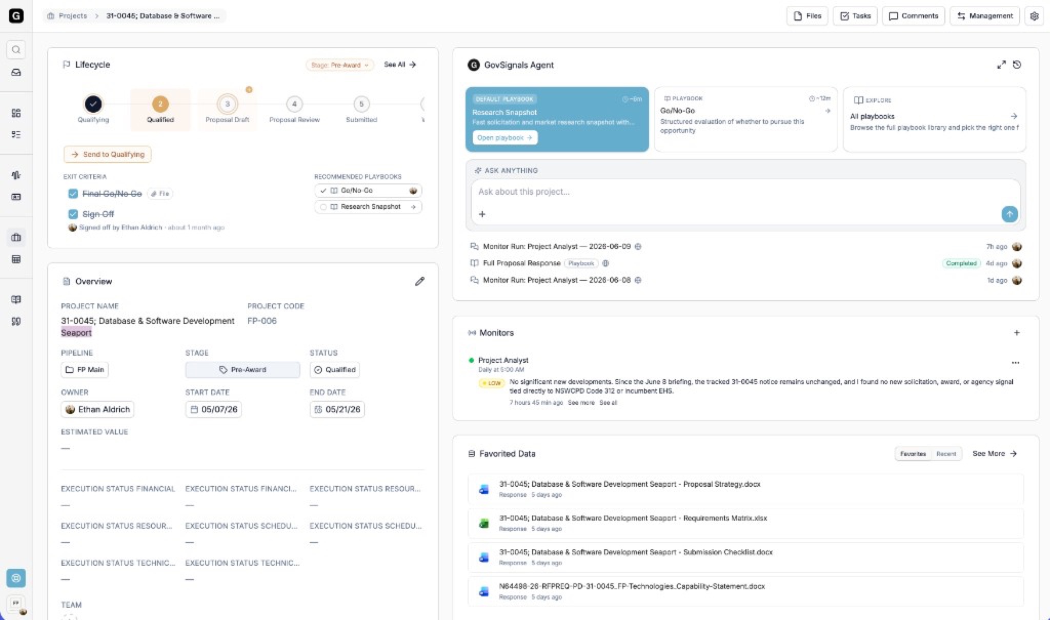 GovSignals workspace with connected acquisition documents and project records
